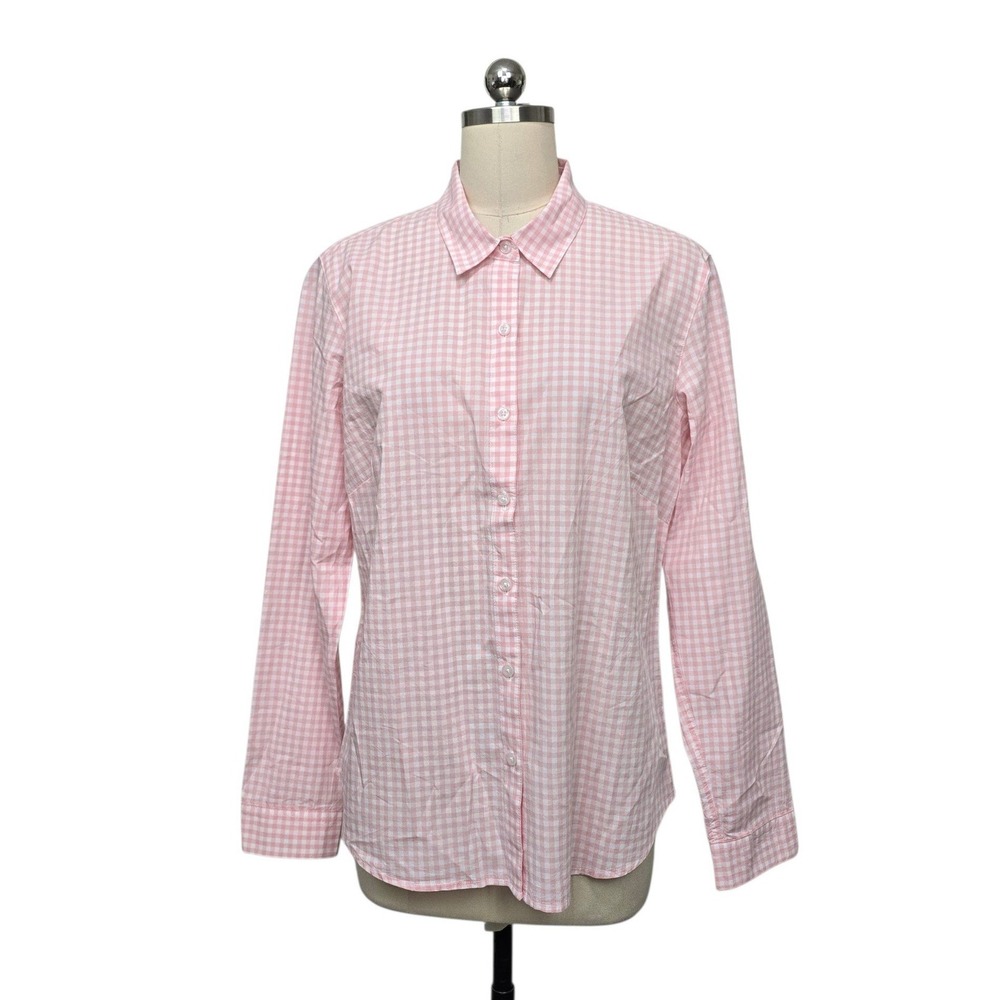 Garnet Hill Pink Gingham Cotton Button Down Shirt Womens Size 12 Long Sleeve